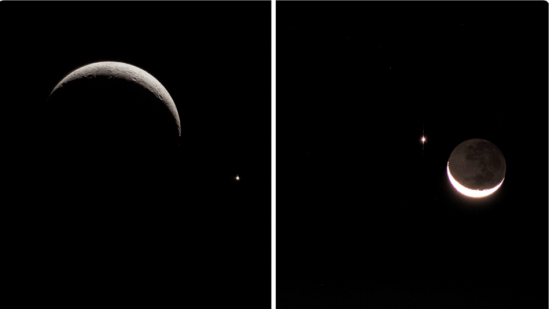 Imagem em duas cenas do céu noturno mostrando a conjunção de planetas com a Lua crescente ao lado de Vênus e Júpiter, com pontos luminosos e o planeta visível no fundo escuro.