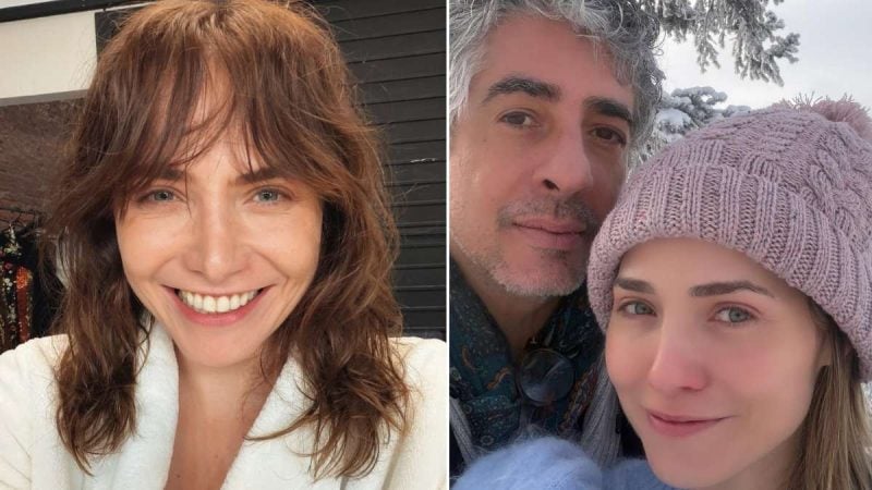 Leticia Colin em fotos lado a lado: um retrato sorridente com cabelo castanho ao natural e, em outra imagem, ao lado de um homem em um registro íntimo, com touca de tricô.