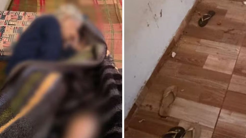 Imagens do interior de uma residência com piso de madeira e vestígios de sujeira, mostrando condições precárias encontradas pela Polícia Civil no resgate de uma idosa em Engenheiro Coelho.