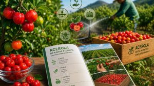 Acerola em destaque: frutos vermelhos na planta e em uma tigela de vidro, ao lado de caixas de acerola em um pomar, com folheto informativo sobre plantio e colheita da fruta.