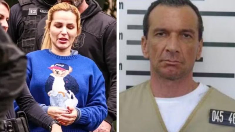 Imagem em divisão mostrando Deolane Bezerra em registro público com roupa azul e, ao lado, Marcola em foto de preso com fundo neutro e placa de identificação, associadas a caso criminal em São Paulo.