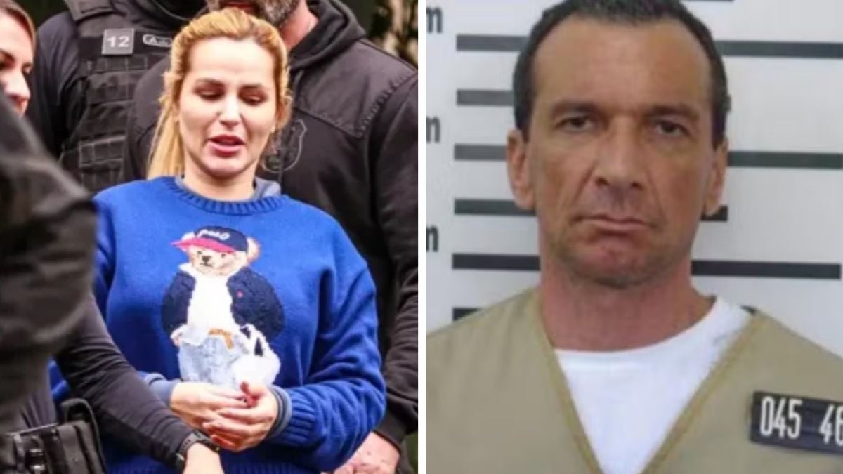 Imagem em divisão mostrando Deolane Bezerra em registro público com roupa azul e, ao lado, Marcola em foto de preso com fundo neutro e placa de identificação, associadas a caso criminal em São Paulo.