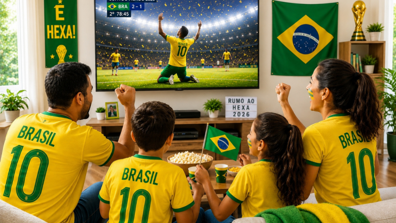 Familia com camisas do Brasil assistindo Brasil x Haiti na TV em sala decorada com bandeira e troféu, destacando consumo de energia e operação para garantir fornecimento durante jogos do Brasil.
