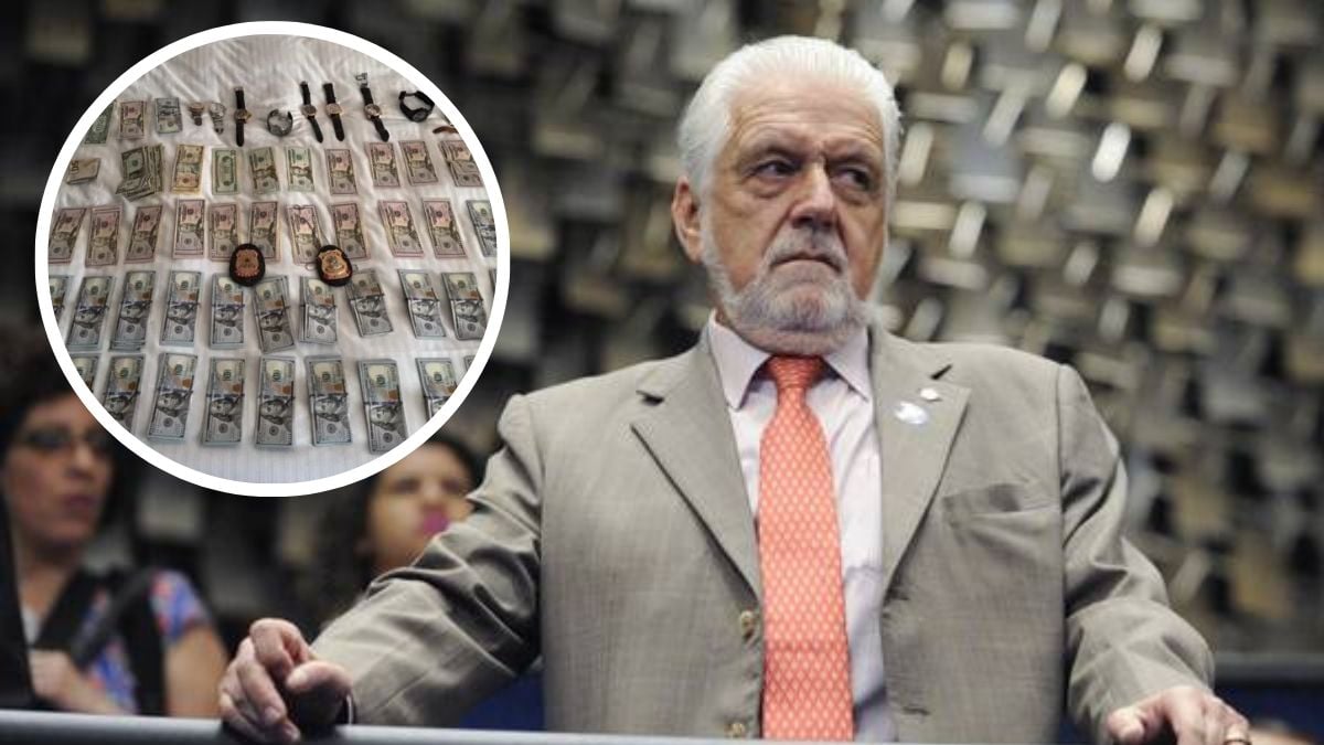 Jaques Wagner aparece em foto em um ambiente político, ao lado de um recorte com vários dólares, sugerindo investigação sobre dinheiro, com referência a avião e camarote na notícia.