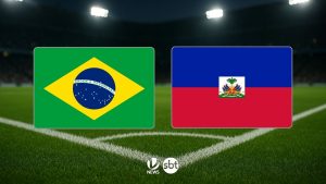 Brasil x Haiti hoje: bandeiras do Brasil e do Haiti no estádio, com iluminação de jogo ao fundo, cenário de transmissão esportiva do SBT para a partida.