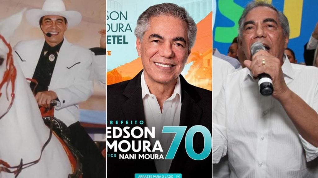 Colagem com fotos de Edson Moura, ex-prefeito de Paulínia: ele aparece em palco com chapéu de cowboy, em foto promocional em fundo de banner e em evento discursando ao microfone.