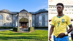 Mansão de estilo castelo francês com fachada em pedra, arcos e jardins, ao lado de Vini Jr em partida da seleção brasileira, com camisa amarela e número 7