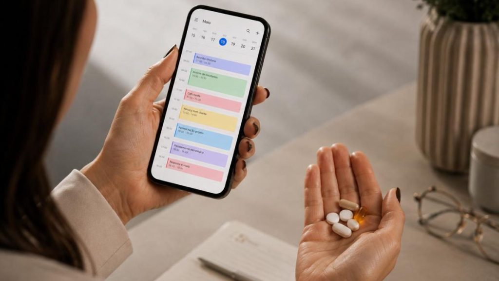 Pessoa segura o celular com uma página de saúde aberta, enquanto usa um comprimido na mão. Imagem sobre por que fico doente nas férias e como cuidar da saúde durante o descanso.