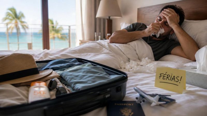 Pessoa deitada na cama em hotel, com mala aberta e passaporte ao lado, segurando a testa e parecendo doente durante as férias, com um bilhete escrito “FÉRIAS!”. A imagem ilustra por que fico doente nas férias.