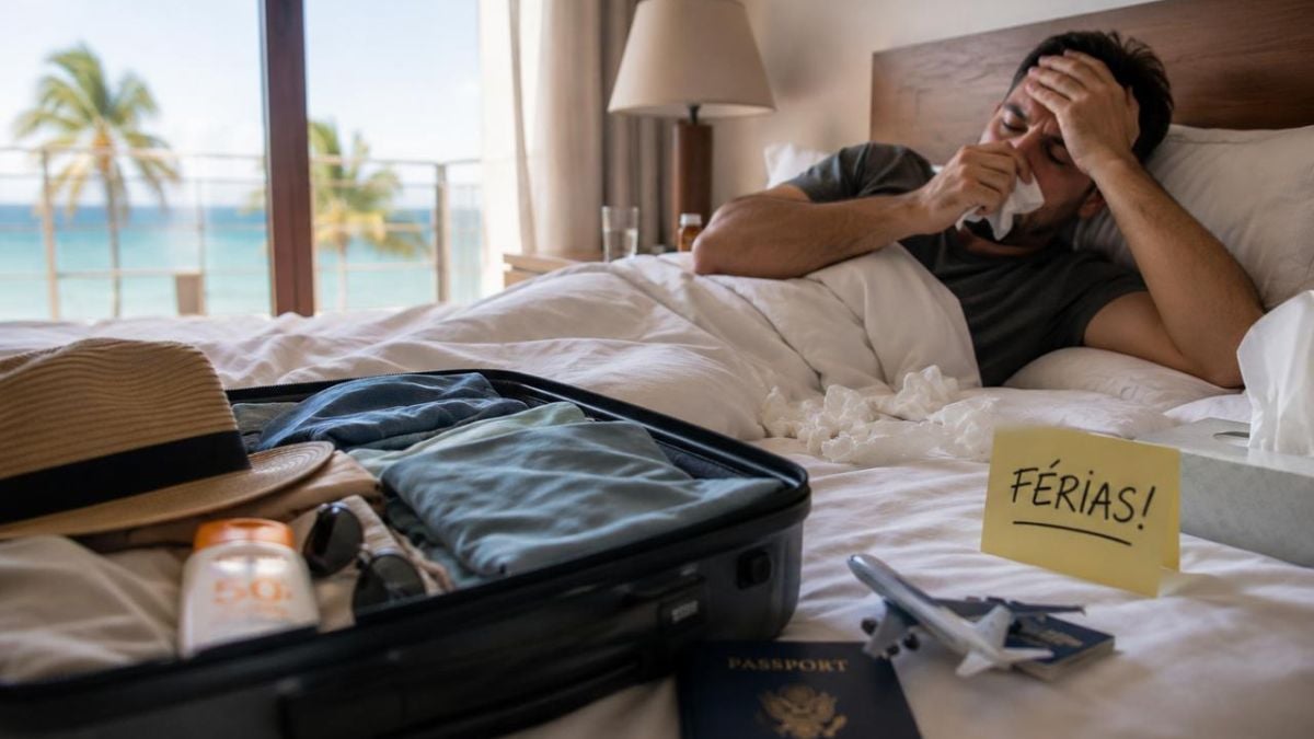 Pessoa deitada na cama em hotel, com mala aberta e passaporte ao lado, segurando a testa e parecendo doente durante as férias, com um bilhete escrito “FÉRIAS!”. A imagem ilustra por que fico doente nas férias.