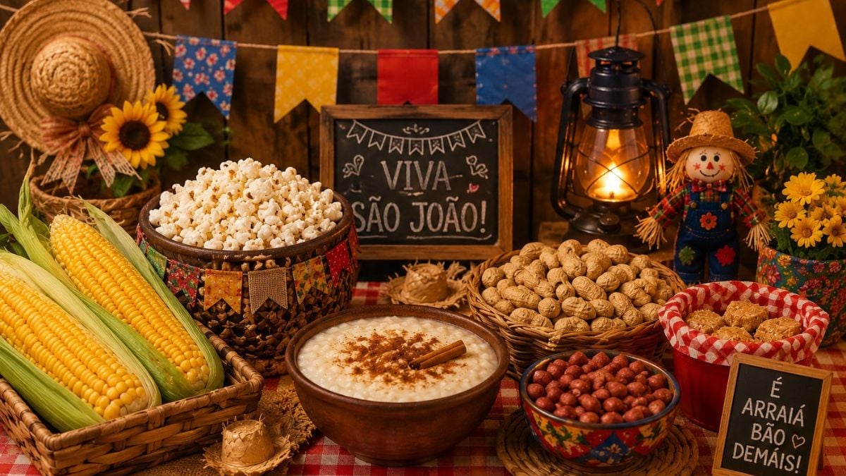 Mesa de Festa Junina com comidas típicas como milho verde, canjica, pipoca, amendoim e fogazza, com decoração colorida e lanternas, em clima de Copa do Mundo e diversão.