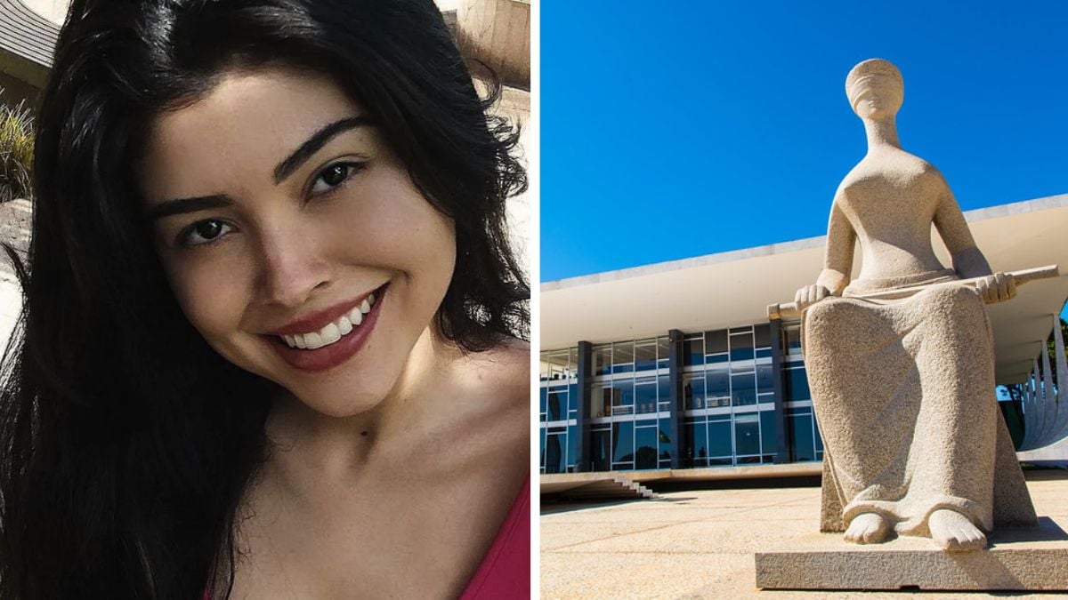 Mariana Ferrer em foto de rosto ao lado de uma estátua do STF em frente ao prédio do Supremo Tribunal Federal, em contexto de decisão judicial sobre reabertura do caso.