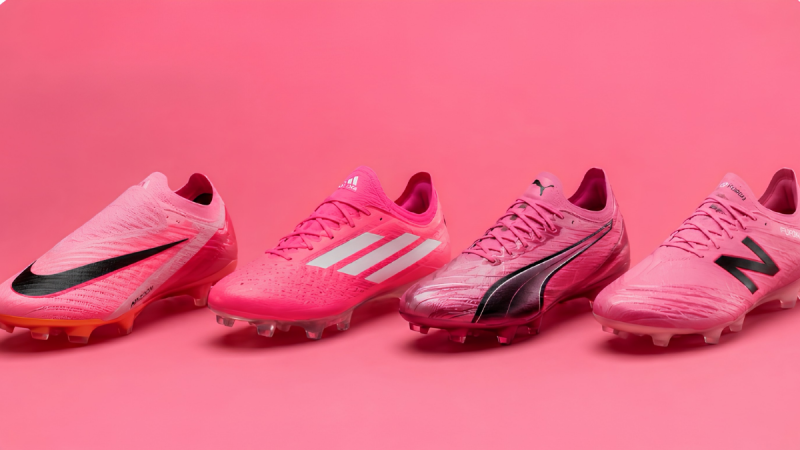 Chuteiras rosas na copa em destaque, com modelos masculinos e femininos alinhados sobre fundo rosa vibrante, mostrando cadarços, sola com travas e visual esportivo moderno.