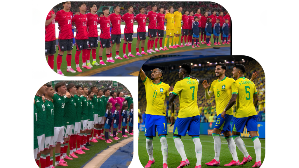 Colagem com seleções de futebol em partida e diferentes times em campo, destacando o tema chuteiras rosas na copa e a estratégia de uniformes na Copa 2026.