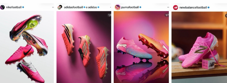Chuteiras rosas em destaque em imagens promocionais, mostrando modelos com detalhes e paleta rosa em um layout que destaca o fenômeno das chuteiras rosas na Copa 2026.