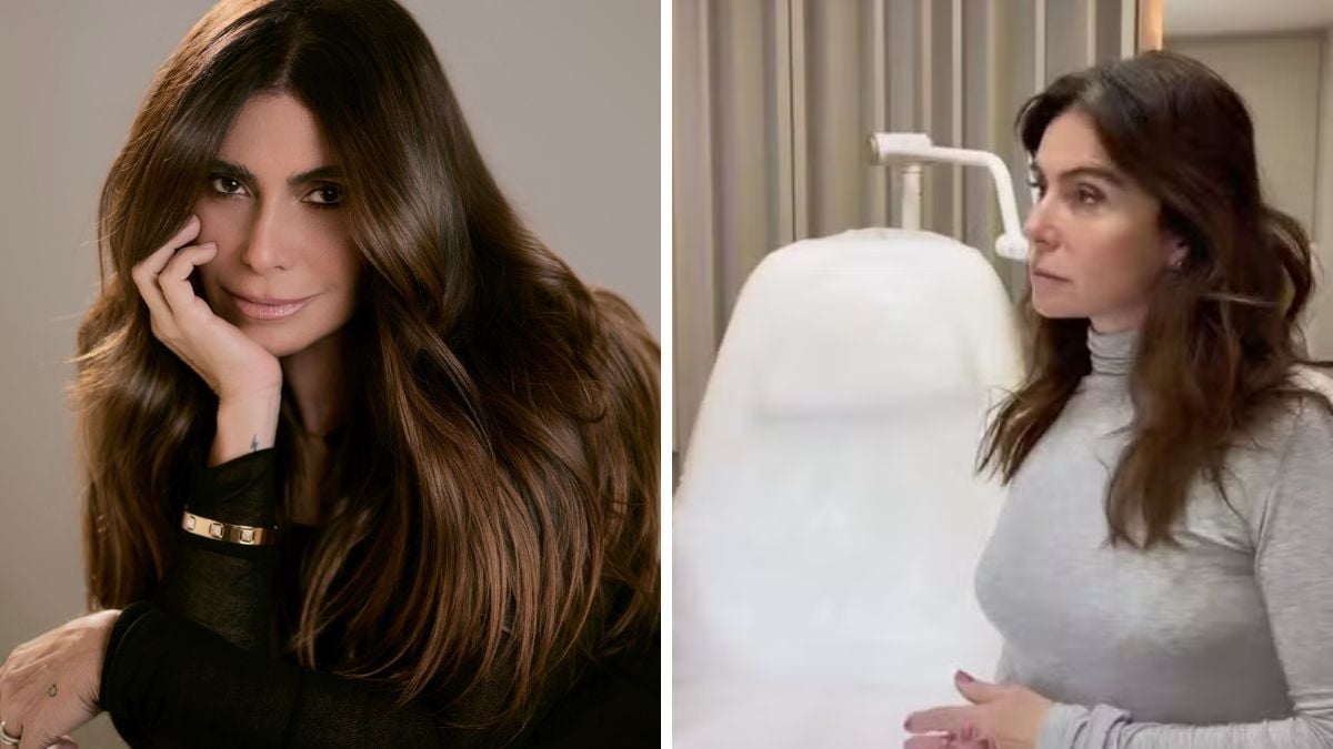 Giovanna Antonelli aparece em imagens de close e em ambiente clínico, com cabelo castanho, enquadrada de frente e de perfil ao lado de um equipamento médico, em matéria sobre envelhecimento e procedimentos.