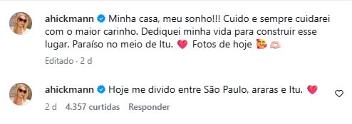 Ana Hickmann em postagem no Instagram descrevendo sua casa luxuosa e detalhes do imóvel, com texto que comenta “Minha casa, meu sonho!” e fotos de cozinha e ambientes da mansão.