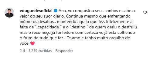 Post com comentário em rede social: Edu Guedes se declara para Ana Hickmann, afirmando conquistas e agradecendo pelo apoio.