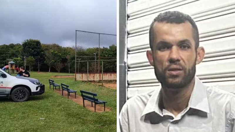 Foto composta com veículo de polícia ao lado de um gramado e, em destaque, imagem de um homem em foto. Caso em Piracicaba após demissão, com crime envolvendo colega de trabalho.