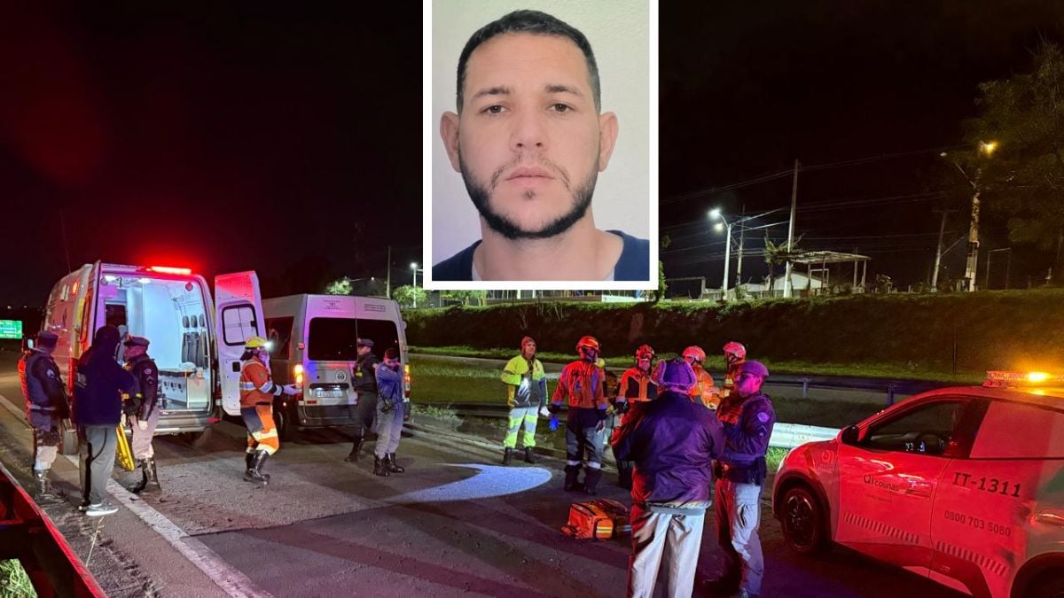 Cena de resgate na Rodovia Santos Dumont após atropelamento: equipes de emergência e ambulâncias na via noturna, viatura isolando o local e retrato do homem encontrado. Texto com alerta de ocorrência.
