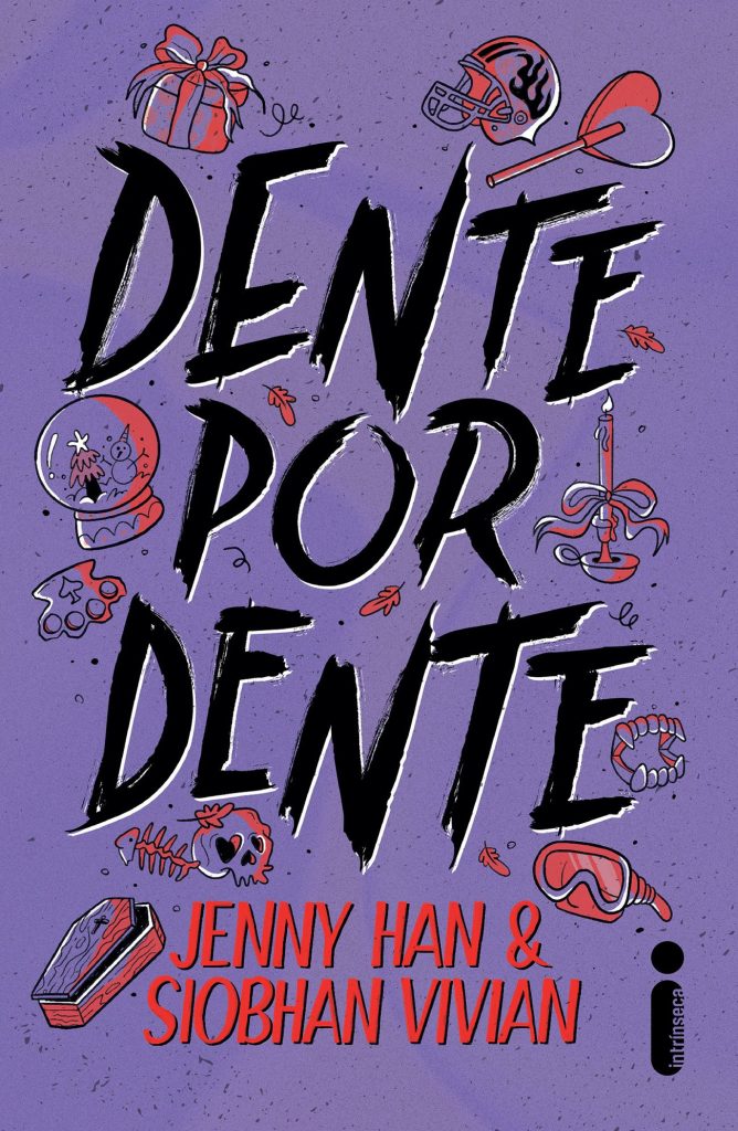 Arte de capa do livro "Dente por Dente" com fundo roxo, ilustrações de presentes, insetos, somas e balões, com os autores Jenny Han & Siobhan Vivian e marca de editora