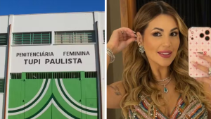 Prédio da Penitenciária Feminina Tupi Paulista, em São Paulo, ao lado de foto de Deolane Bezerra. A imagem remete ao pedido da OAB por habeas corpus para Deolane Bezerra.