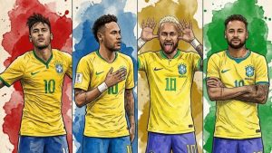 Neymar em ilustrações estilo aquarela com a camisa da Seleção Brasileira, em poses diferentes, acenando e com braços cruzados, em fundo colorido com as cores do Brasil.