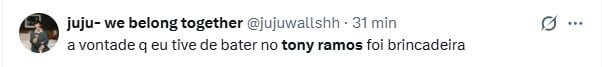 opinião pública de "jujuwallshh" no X (twitter) sobre cena de Tony Ramos em novela 'Quem Ama Cuida'