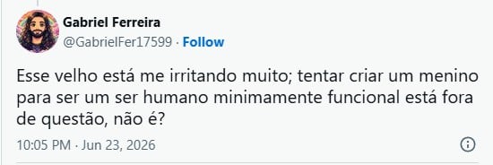 opinião pública de "gabrielfer17599" no X (twitter) sobre cena de Tony Ramos em novela 'Quem Ama Cuida'