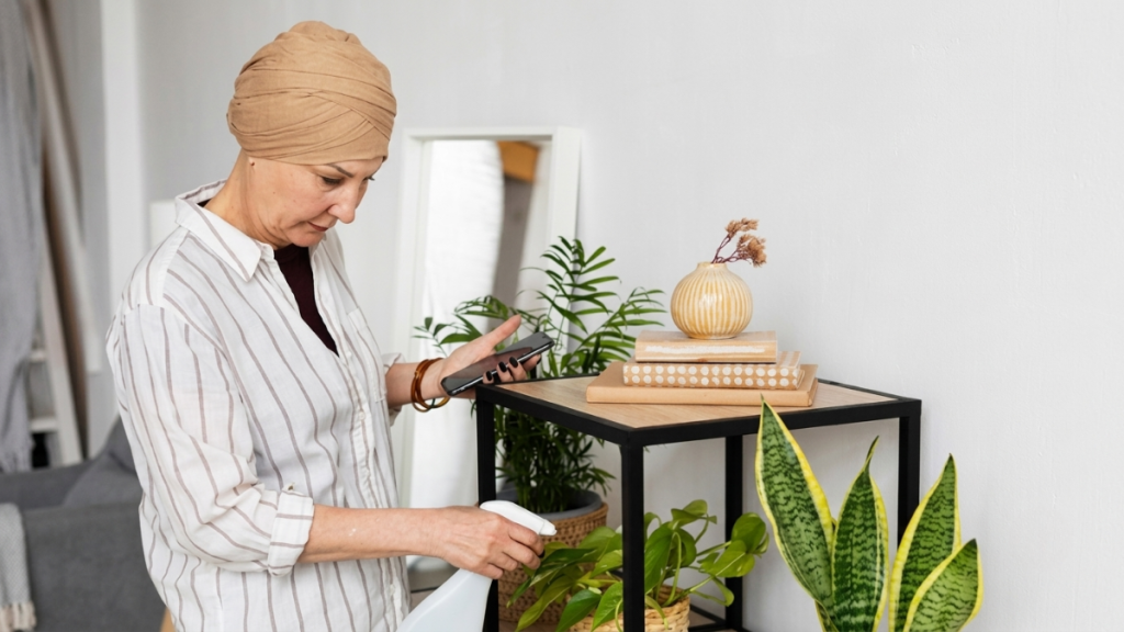 Mulher idosa usando um celular na sala de casa, com plantas decorativas ao fundo, em contexto de notícia sobre nova medicação não hormonal para controlar sintomas da menopausa.