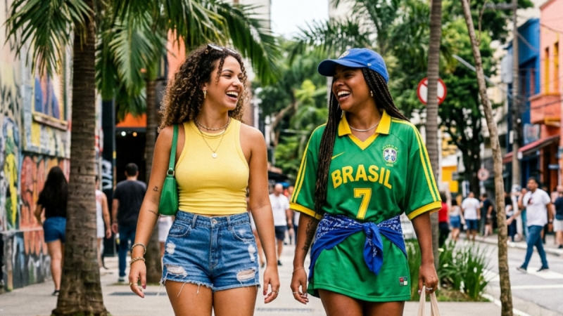 Duas jovens caminham sorrindo em rua tropical, usando looks coloridos com paleta verde e amarelo do Brasil; tendência Brazilcore moda com camisa esportiva e short jeans.