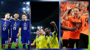 Colagem com três imagens de futebol: jogadores da seleção argentina em uniforme azul, atletas comemorando em campo e um grupo em destaque no estádio, transmitindo a ideia de rivalidade e disputa no mata-mata do Grupo F.
