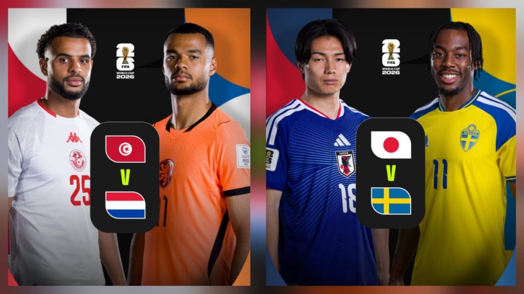 Arte promocional de confronto no mata-mata: dois jogadores ao lado de escudos e bandeiras do Túnez e da Holanda, com ícone da Fifa 2026 e destaque para o Grupo F.