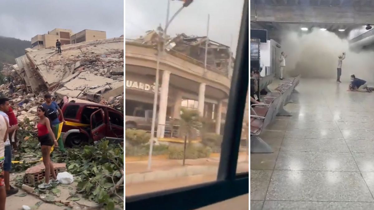 Terremoto na Venezuela: imagens mostram danos em área urbana, com prédio/estrutura destruída, escombros e pessoas em meio à devastação após o tremor, além de interiores com poeira e destruição.