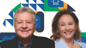 Imagem com dois rostos em destaque, um homem e uma mulher sorrindo, com fundo colorido que remete a identidade visual polÃ­tica. Tema: quem assume a Prefeitura de Araras apÃ³s a morte de Irineu Maretto.
