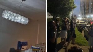 Moradores saem de prédio e acompanham equipes de emergência em Manaus e Belém após terremoto na Venezuela, com corredores internos e pessoas na rua à noite.