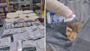 No mercado de Indaiatuba, carnes e produtos refrigerados ficam expostos em bandejas com embalagens, enquanto um funcionário manuseia alimentos em outra área da loja.