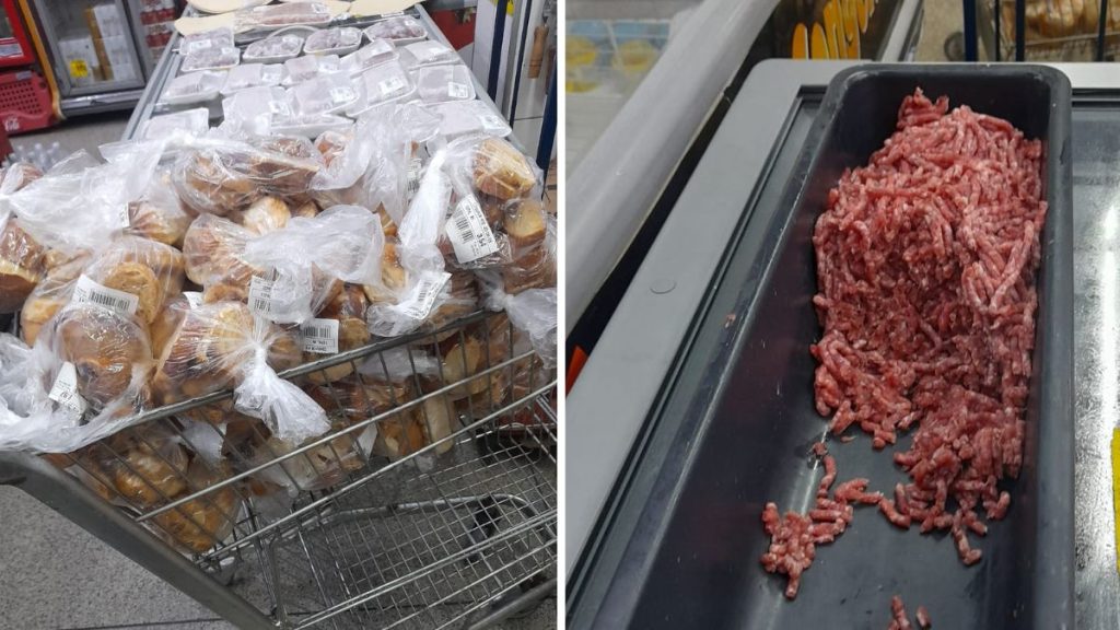 Mercado de Indaiatuba: carnes e produtos em exposição com embalagem improvisada e carne moída crua armazenada em bandeja, sugerindo má conservação
