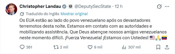 Vice-secretário de Estado dos Estados Unidos sobre o terremoto na Venezuela. Foto Reprdução X