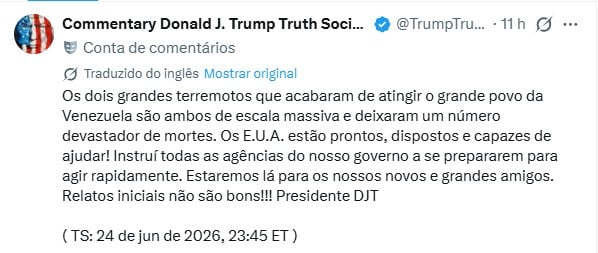 presidente Donald Trump presta solidariedade à Venezuela. Foto Reprodução X