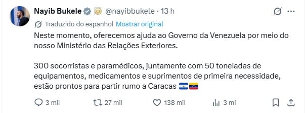 Presidente de El Salvador sobre o terremoto na Venezuela. Foto Reprodução X