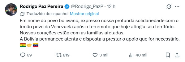 Presidente da Bolívia presta solidariedade à Venezuela. Foto Reprodução X
