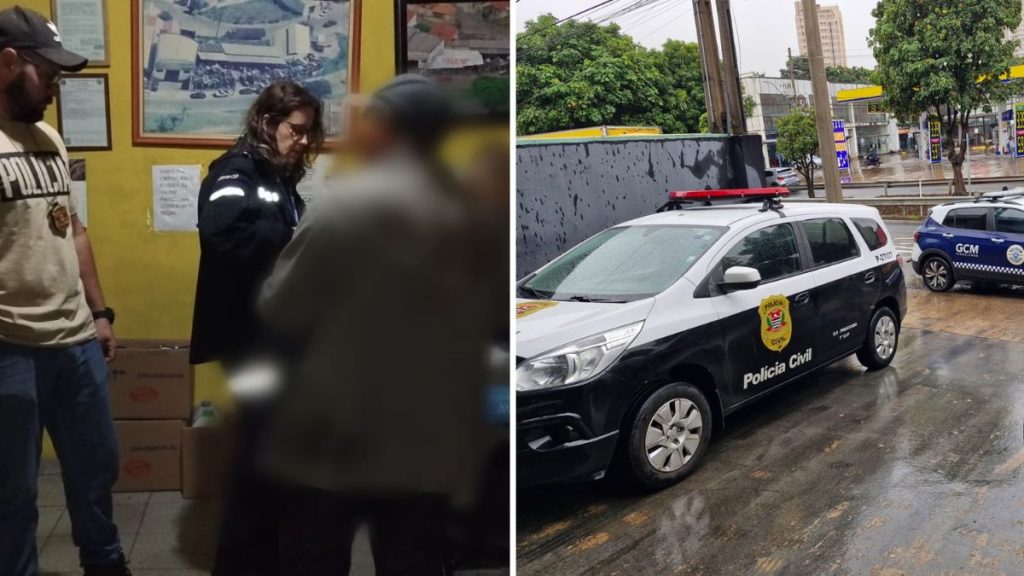 Polícia Civil em fiscalização na Operação Origem em Piracicaba, vistoriando estabelecimentos de peças usadas e desmanches para veículos, com viatura em rua movimentada e agentes em área interna.