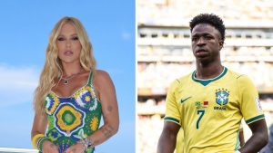 Vini Jr aparece em foto com camisa amarela do Brasil ao lado de Virginia em imagem promocional, destacando um comentário que alimenta rumores de reconciliação do casal.