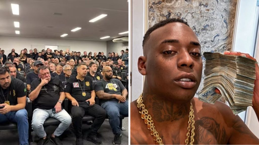 Cena de reportagem com plateia em audiência e, em destaque, o cantor MC Negão Original ao lado de um maço de dinheiro, em contexto de investigação de golpes digitais.