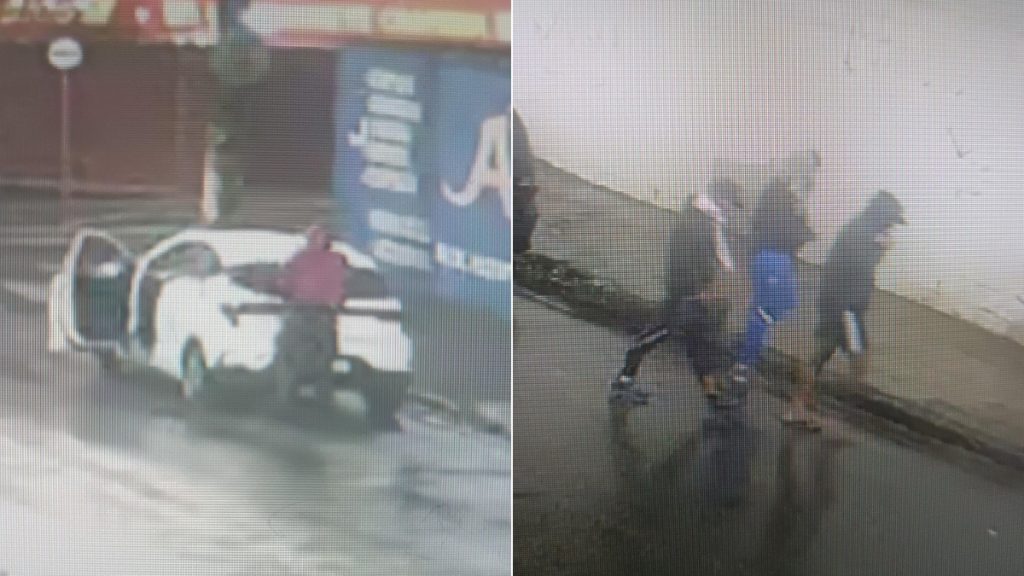 Câmeras de segurança mostram adolescentes em motocicleta e correndo em área externa após um roubo, com alguém empunhando uma arma em cena noturna, em registro dividido em duas imagens.