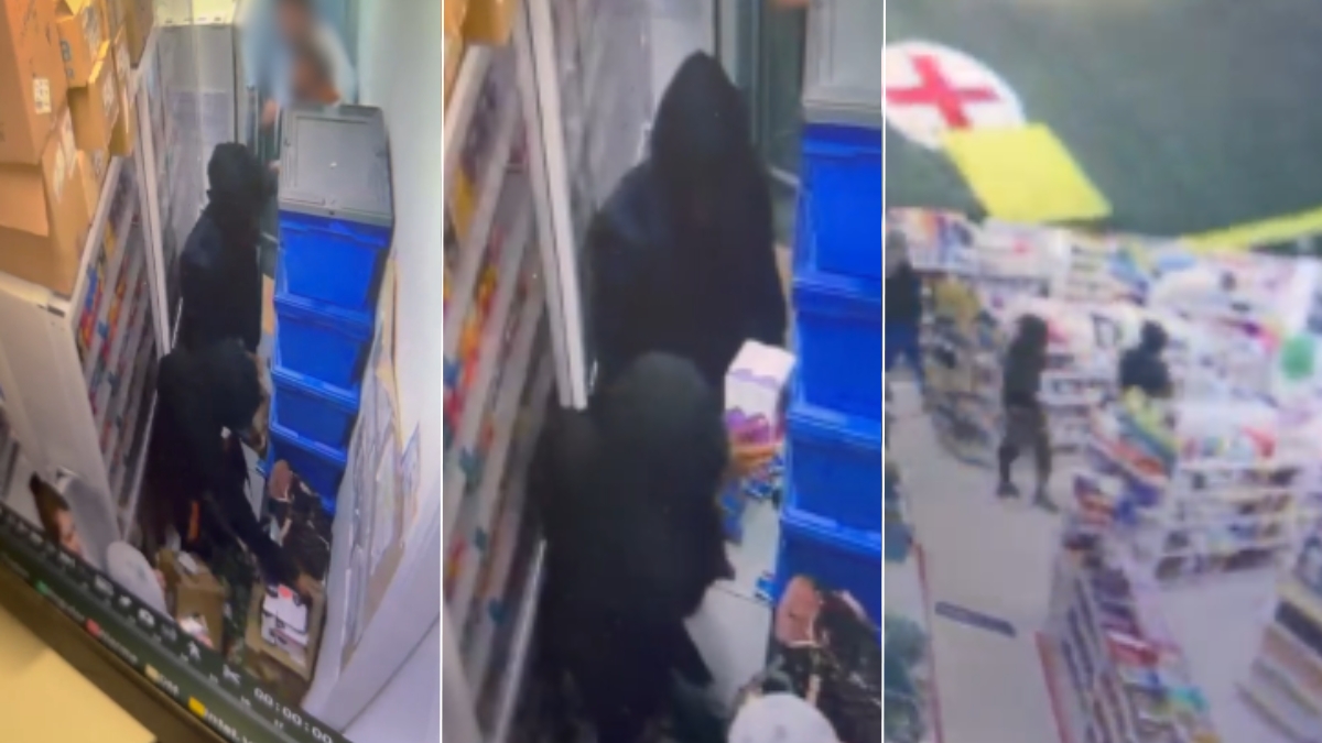 Imagens de câmeras de segurança mostram adolescentes encapuzados em uma loja, circulando entre prateleiras com produtos, em Praia Grande, após roubo de Mounjaro.