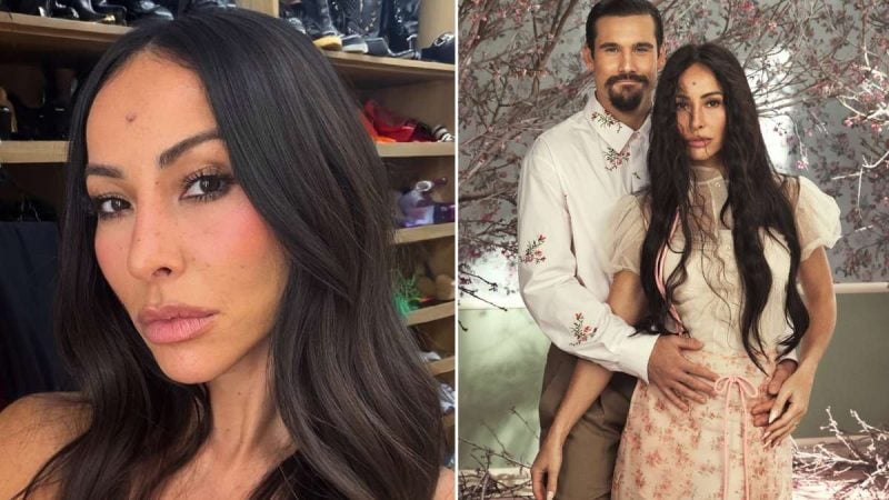 Em foto de divulgação, Sabrina Sato aparece em close, com cabelo longo e expressão séria, e em outra imagem posa ao lado do parceiro em ambiente interno decorado com flores e estampas claras, em contexto de fala sobre gravidez.