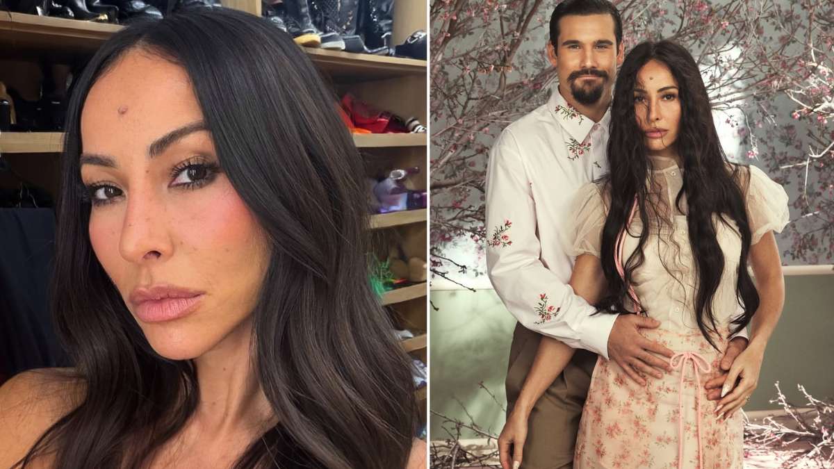 Em foto de divulgação, Sabrina Sato aparece em close, com cabelo longo e expressão séria, e em outra imagem posa ao lado do parceiro em ambiente interno decorado com flores e estampas claras, em contexto de fala sobre gravidez.