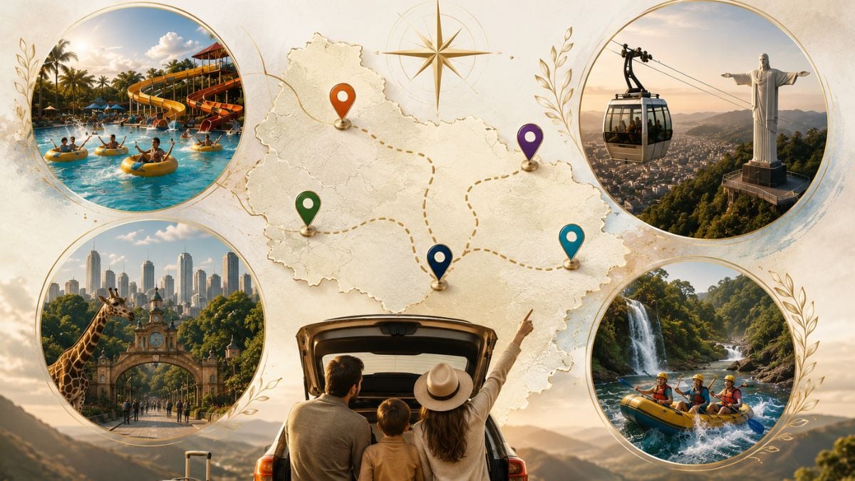Mapa do Brasil com ícones de destinos turísticos e fotos de lazer em família: parque aquático, teleférico, cidade e rio com cachoeira. Ideias de destinos para férias escolares.